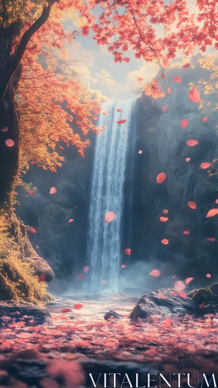 Autumn waterfall framed by maple canopy and drifting petals.
