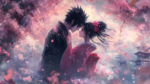Anime couple in kimono beneath dense cherry blossoms at dusk.