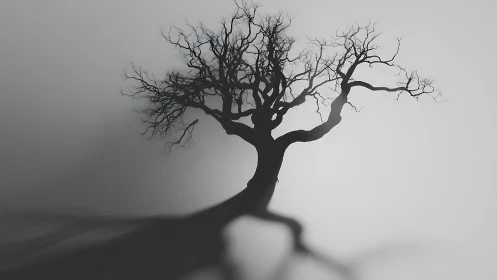 Solitary leafless tree casting elongated shadow.