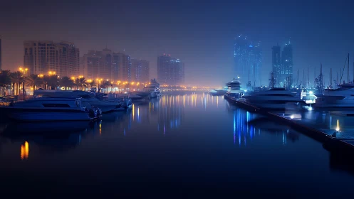 Neon marina rests beneath misty high rise skyline at night.