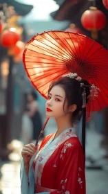 Woman in traditional attire holds red parasol in street