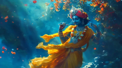 Divine blue figure playing flute in luminous forest swirl.