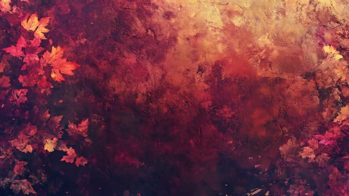 Autumn foliage scattered across textured red ground surface.