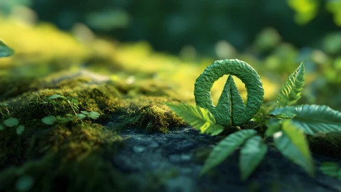 Eco symbol made of leaves in lush forest, nature-inspired style.