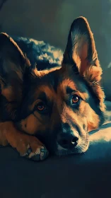 Gazing shepherd in painterly light on a soft cushion.