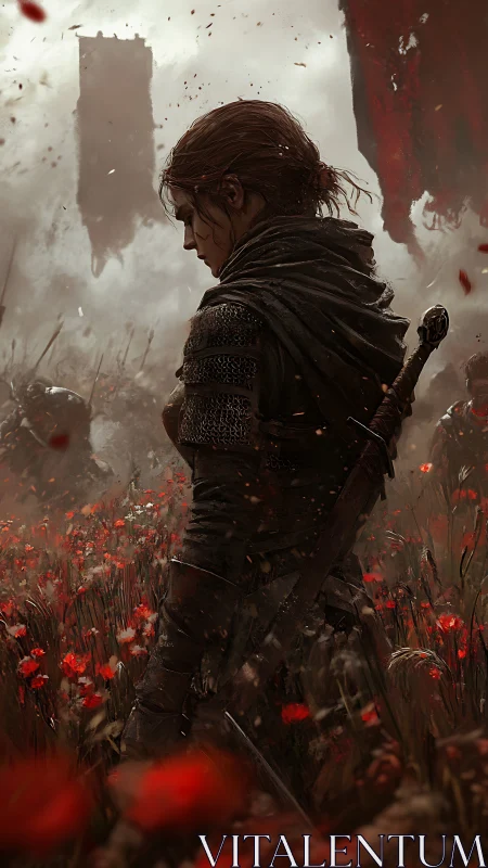 Solitary warrior pauses amid blood-red battlefield poppies.