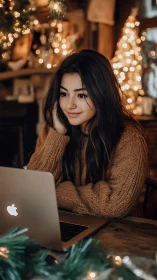 Young woman works on laptop in warm festive interior