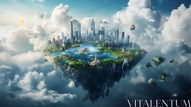 Aerial megacity island suspended in stratocumulus cloudscape.
