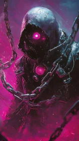 Neon Warden in Chains stalks the magenta cyber-fog.