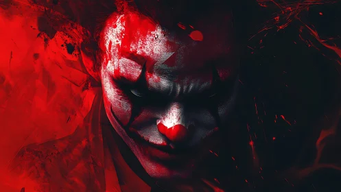 Sinister red clown portrait in high-contrast digital art.