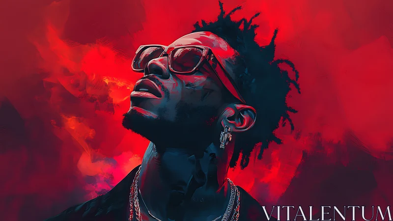 Digital portrait in neon red of reflective man with glasses.