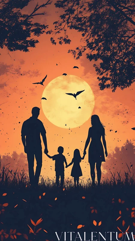 Silhouetted family walks under large orange sunset moon