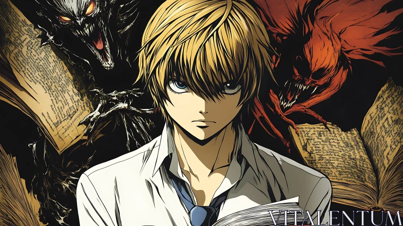 Intense blond student flanked by demonic entities and grimoires