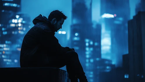 Nocturnal urban silhouette under rain-soaked neon skyline.