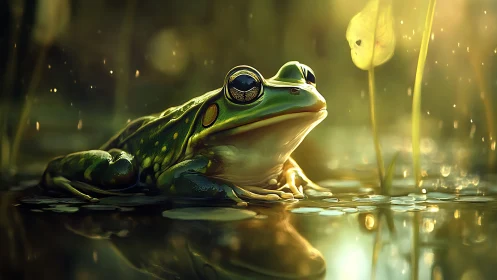 Sunlit green frog rests calmly on a glowing golden pond