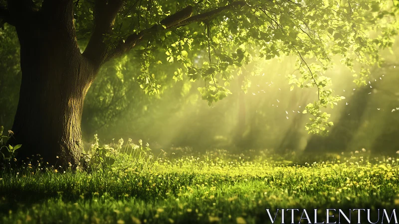 Sunlit forest clearing with tree trunk and soft foliage.
