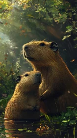 Forest-lit capybara guardians pausing in a golden hush.