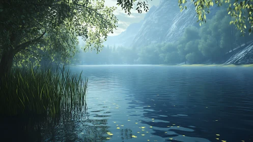 Mountain lake reflects misty pines under soft morning light.