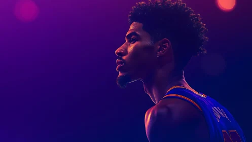 Neon-lit court dreamer poised in violet stadium glow.