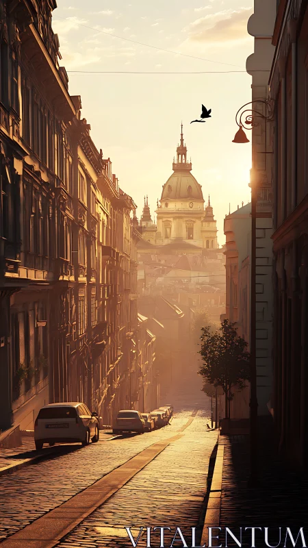 Soft sunrise over a quiet European cobblestone street.