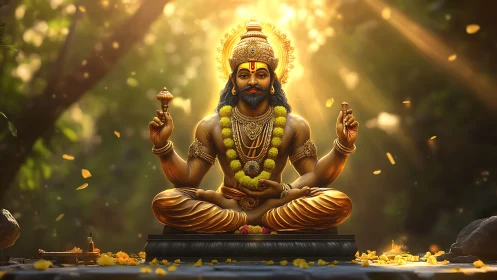 Golden forest deity holds morning light in tranquil balance