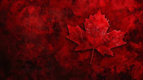 Red maple leaf rests on bold textured crimson ground.