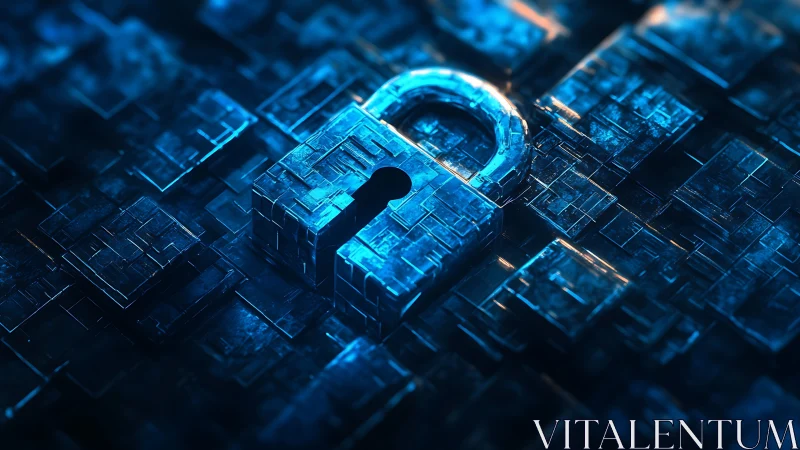 Glowing cyber lock resting on shimmering digital tiles.