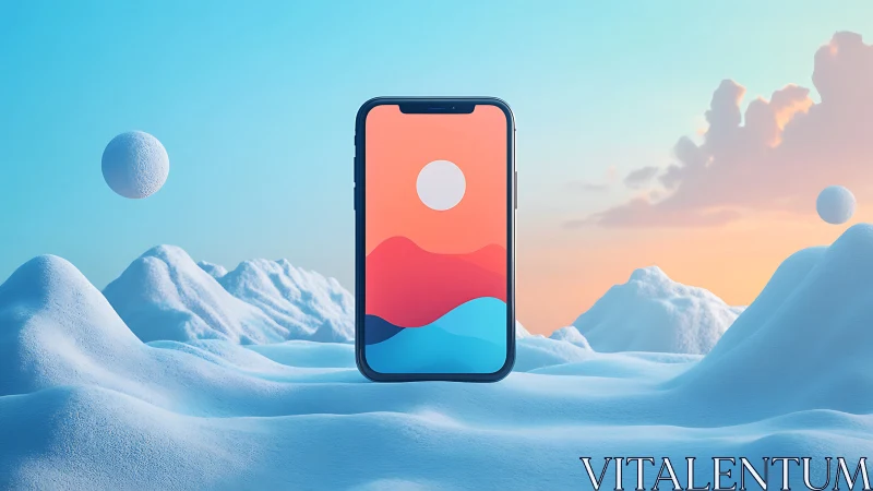 Smartphone floats in dreamy pastel snowscape at sunrise.