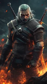 Armored white haired warrior stands over burning ground.