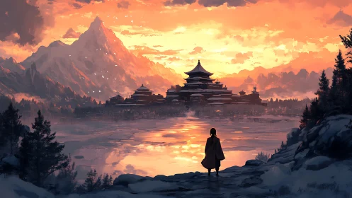 Lone pilgrim watching a firelit mountain temple at dusk.