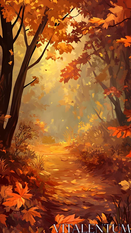 Autumn Forest Path with Golden Light and Falling Leaves.