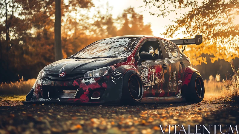 Widebody drift car under golden-hour bokeh lighting glows