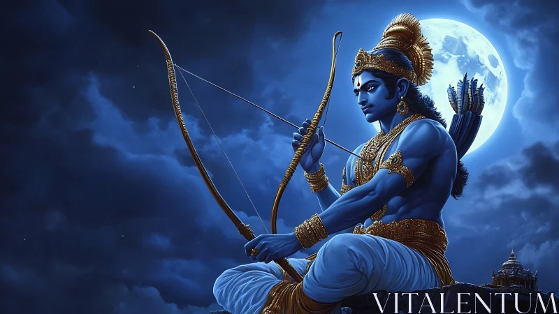 Blue skinned archer deity under full moonlit night sky.