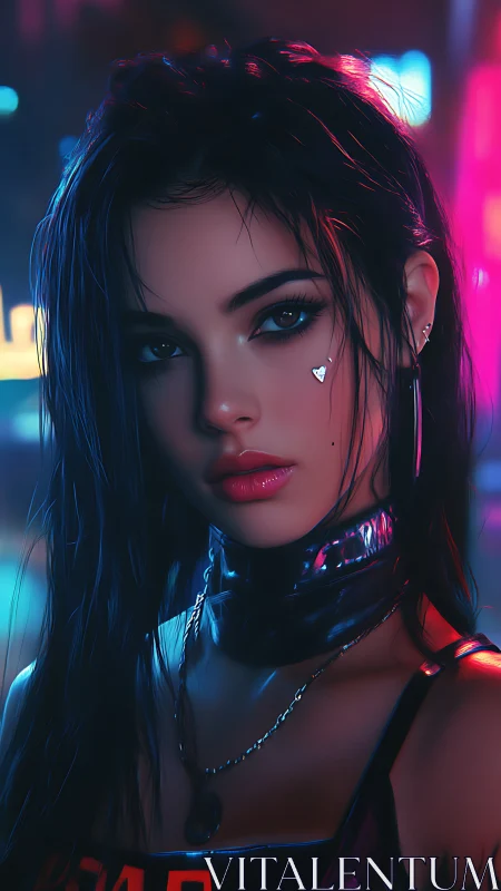 Neon-lit cyber girl gazes intensely through rainy city glow.