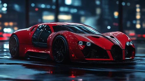 Red futuristic sports car in rainy neon city at night.