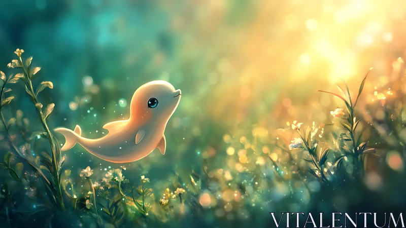 Gentle baby whale drifts through a glowing underwater meadow