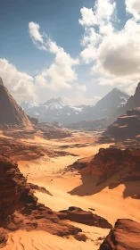 Vast red desert valley under bright midday sky.