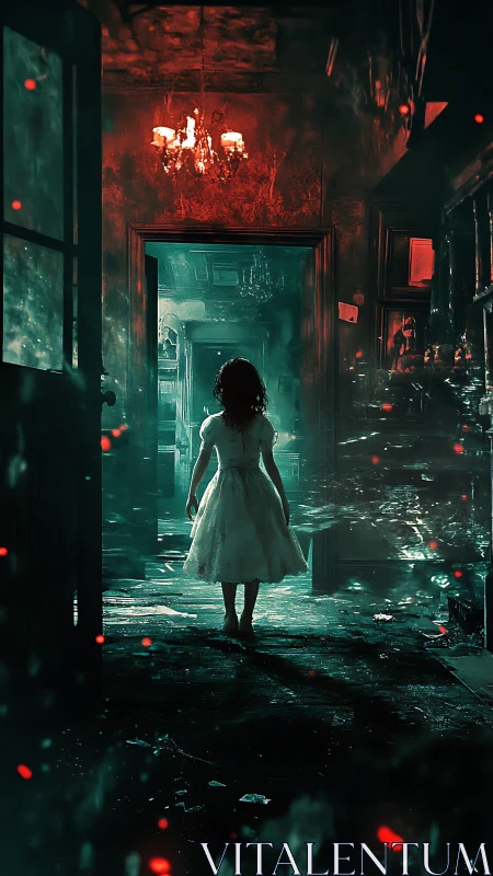 Girl in white dress stands alone in eerie haunted hallway.