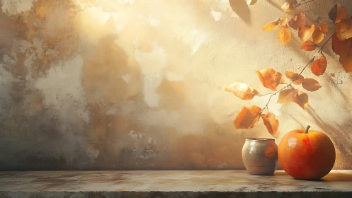 Gentle autumn still life glows softly in warm golden light