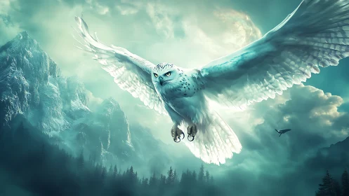 Majestic white owl flying over misty mountains in fantasy style.