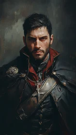 Brooding vampire hunter portrait in dark gothic regalia.