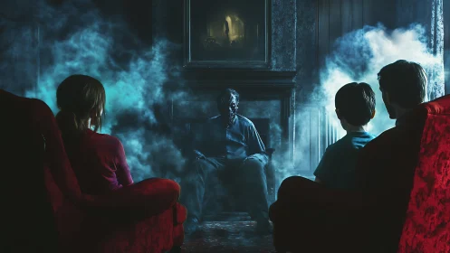 Family in red armchairs confronting spectral figure in smoke