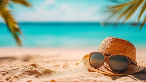 Straw hat and sunglasses on sandy beach shoreline.