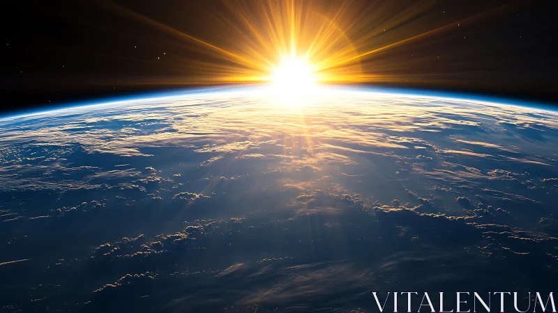 Photorealistic orbital sunrise over curved Earth horizon plane.