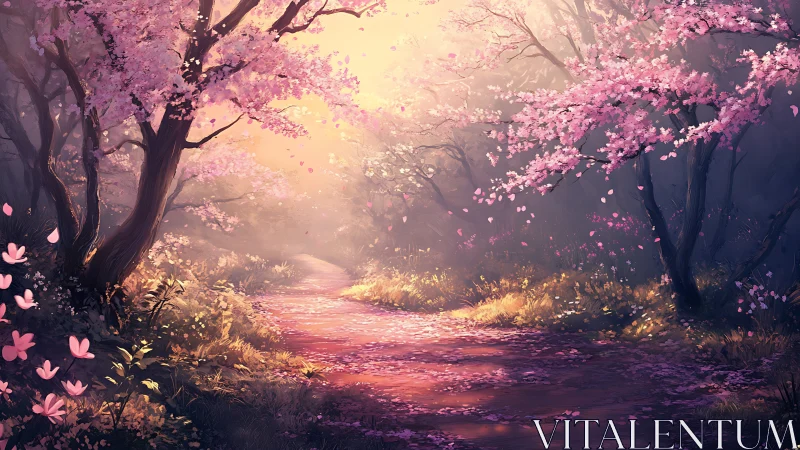 Sunlit cherry blossom path through tranquil spring forest.