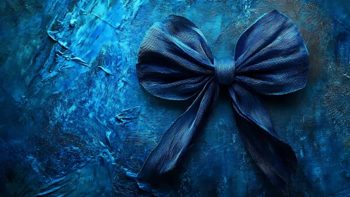 Deep blue ribbon bow rests on textured abstract canvas
