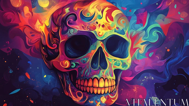 Skull rendered in dense neon gradients and swirling color fields