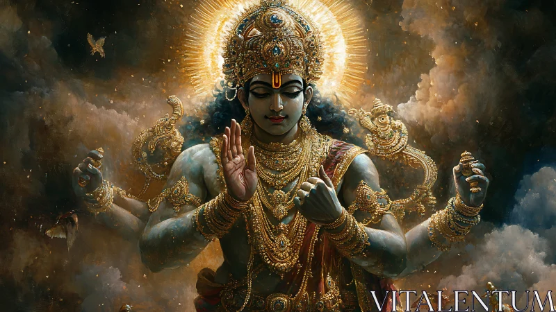 Multilimb celestial deity in radiant atmospheric aureole rendering.