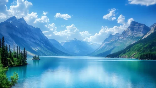 Serene turquoise lake rests gently between calm mountain walls