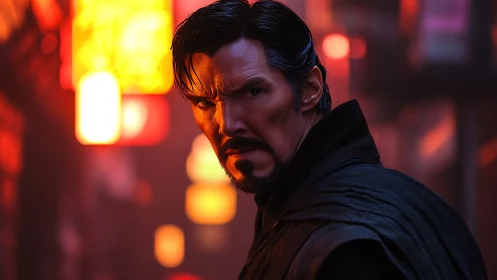 Sorcerer stands amid neon haze with intense crimson glow.